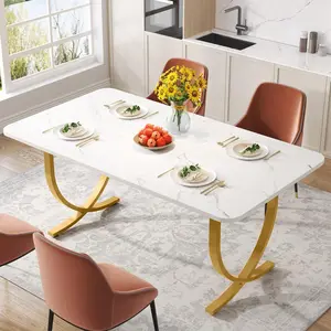 Tribesigns Rectangular Dining Table for 4 to 6, 63 Inch Modern Kitchen Table with Faux Marble Table Top and Metal Legs for Dining Room, Kitchen, Backyard or Living Room