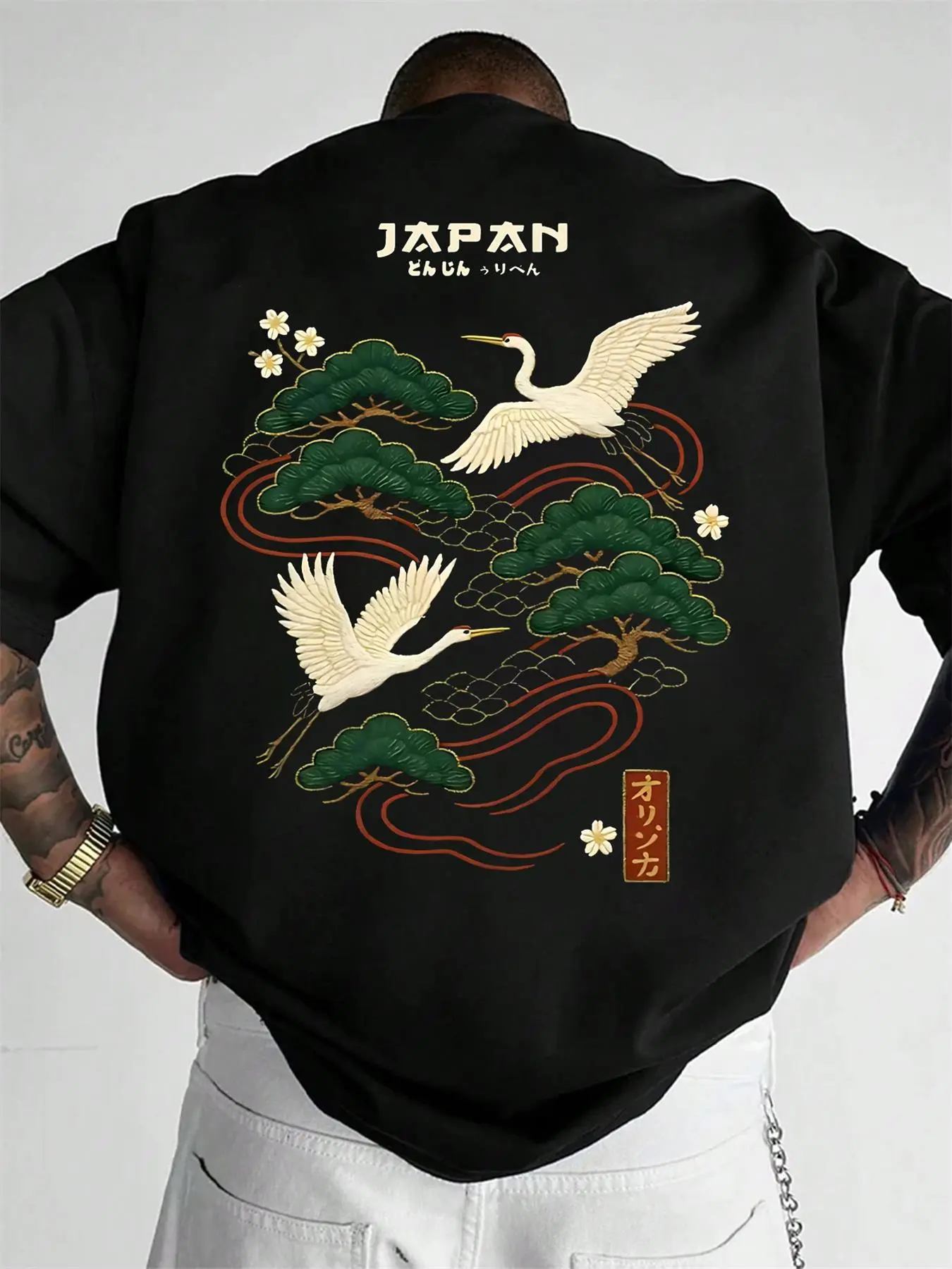 Men's Casual Streetwear Short Sleeve T-Shirt, Long, Graphic Crane & Cloud Elements, Fitted Soft Fabric, Cultural Trend, Daily Wear, Light Social, Casual Summer Clothing