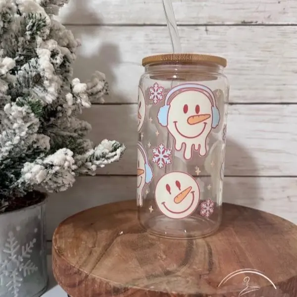 16oz Snowman Glass Cup with Festive Design and Bamboo Lid Perfect for Holiday Beverages
