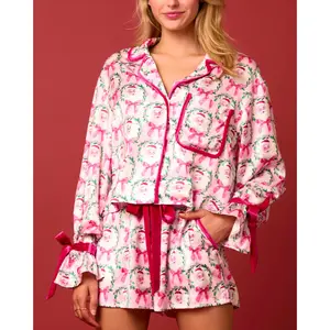 Women Christmas Pajama Set Santa/Tree Print Lapel Neck Button-up Long Sleeve Tops Shorts 2-Piece Loungewear Outfit