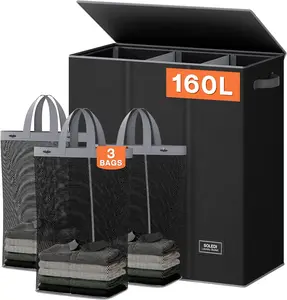 SOLEDI 160L Laundry Hamper 3 Section, Extra Large Laundry Hamper with Lid, Dirty Clothes Hamper with Sturdy Handle, Large Laundry Basket Organizer for Laundry Room, Bedroom, Hampers for Laundry