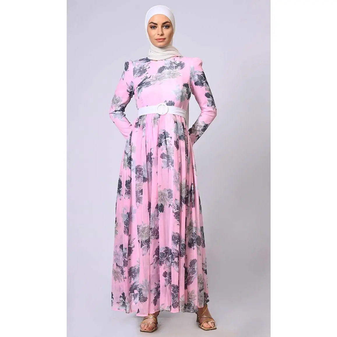 Blushing Pink Floral Printed Flared Abaya, Detachable Belt