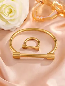 2-Piece Stainless Steel U-Shaped Buckle Bracelet Ring Set, Adjustable Waterproof, Hip-Hop Style, Unisex Daily Wear, Party Jewelry, Bracelet and Ring Set, Waterproof Jewelry Sets