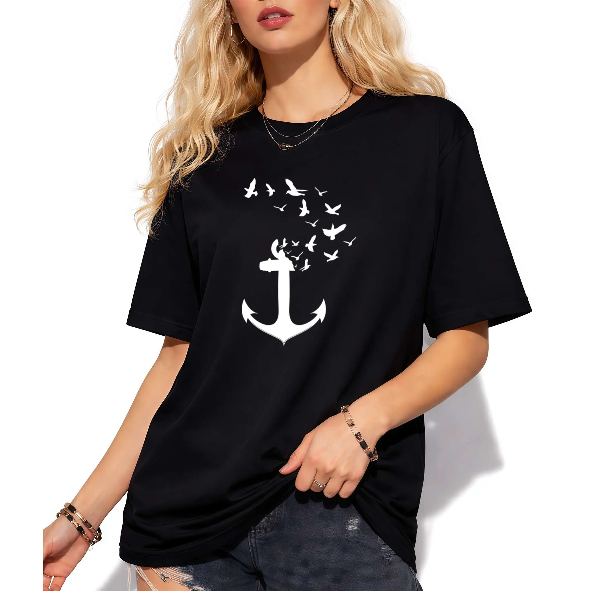 Women's Nautical Anchor Streetwear Top - Lady-Fit, Unisex Navy Sailor Tee with Seagull Print for Summer Vacation