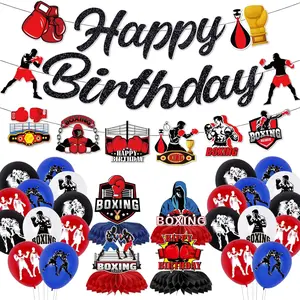 Boxing Birthday Party Banners - 31 Pcs Pre-Strung Wrestling Birthday Decorations Set, Fight Sports Theme Honeycomb Centerpieces, Red White Black Blue Boxing Match Balloons for Men Party Decor