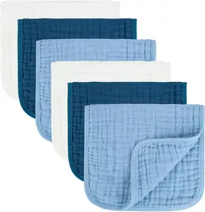 Burp Cloth 100% Cotton Muslin Burp Cloth 10x20 inches (White & Blue 6 Pieces)