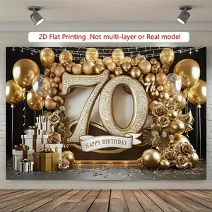 1PC,2D Flat 70th Happy Birthday Backdrop, Black Gold Luxury Balloon Gift Themed Background Cloth, Adult Elderly Birthday Party Photo Prop Banner, Event Decoration Backdrop For Photography And Celebra