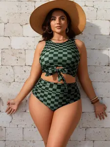 Plus Size Green Plaid 2-Piece High-Waisted Tummy Control Bikini, Tie-Front Crop Top Bathing Suit, Retro Checkered Women’s Swim Set for Beach Sports & Outdoor Use, Bathing Suits, Two Piece Sets