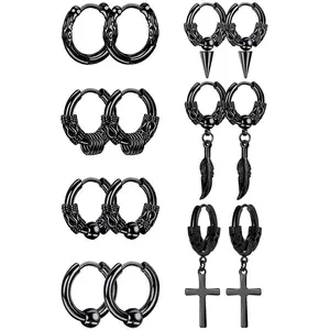OIDEA Men's 7-Pair Stainless Steel Black Earrings Set - Hollow Dragon, Cross Feather, Punk Spike Hoop Stud Combo Pack, Cross Feather Earrings, Punk Earrings