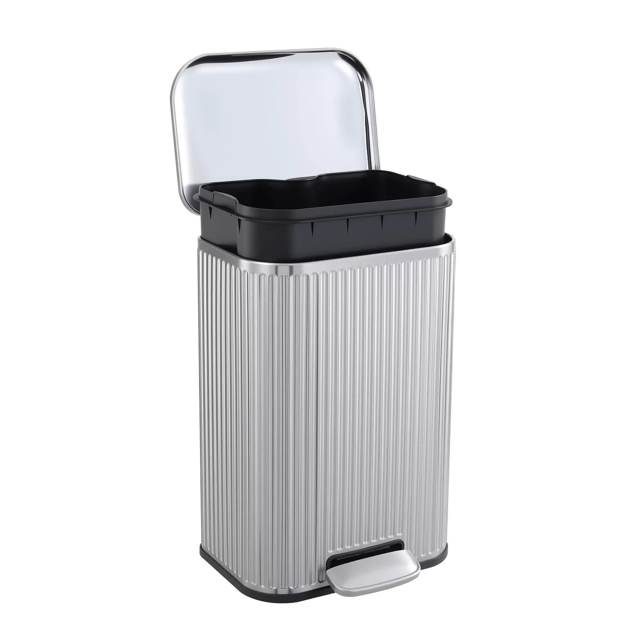 Garvee Stainless Steel Foot Pedal Soft-Close Garbage Can - Fluted Rectangular Design, Removable Inner Bucket, Anti-Slip Base, Odor Lock, Multi-Size - Home/Office Use for Kitchen, Bathroom Near Desk