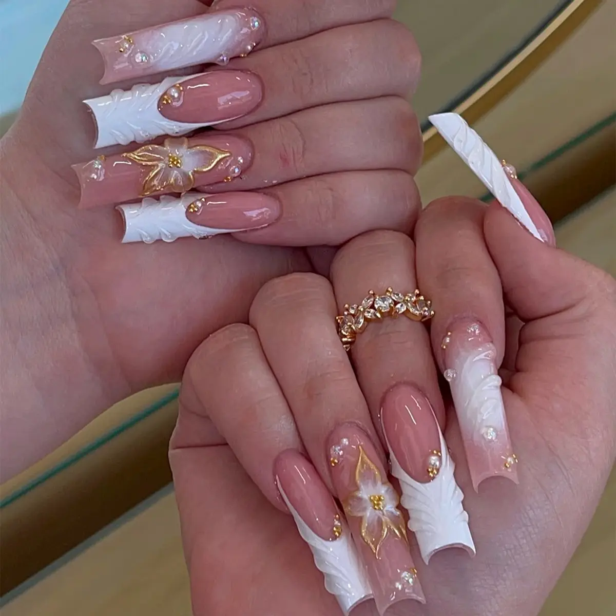 24 pieces of long square stylish acrylic nails powder white smudge 3D three dimensional gel gold nail imitation pearl suitable for women and girls nail salon cute French fake nails with jelly glue 1 piece 1 rubbing strip