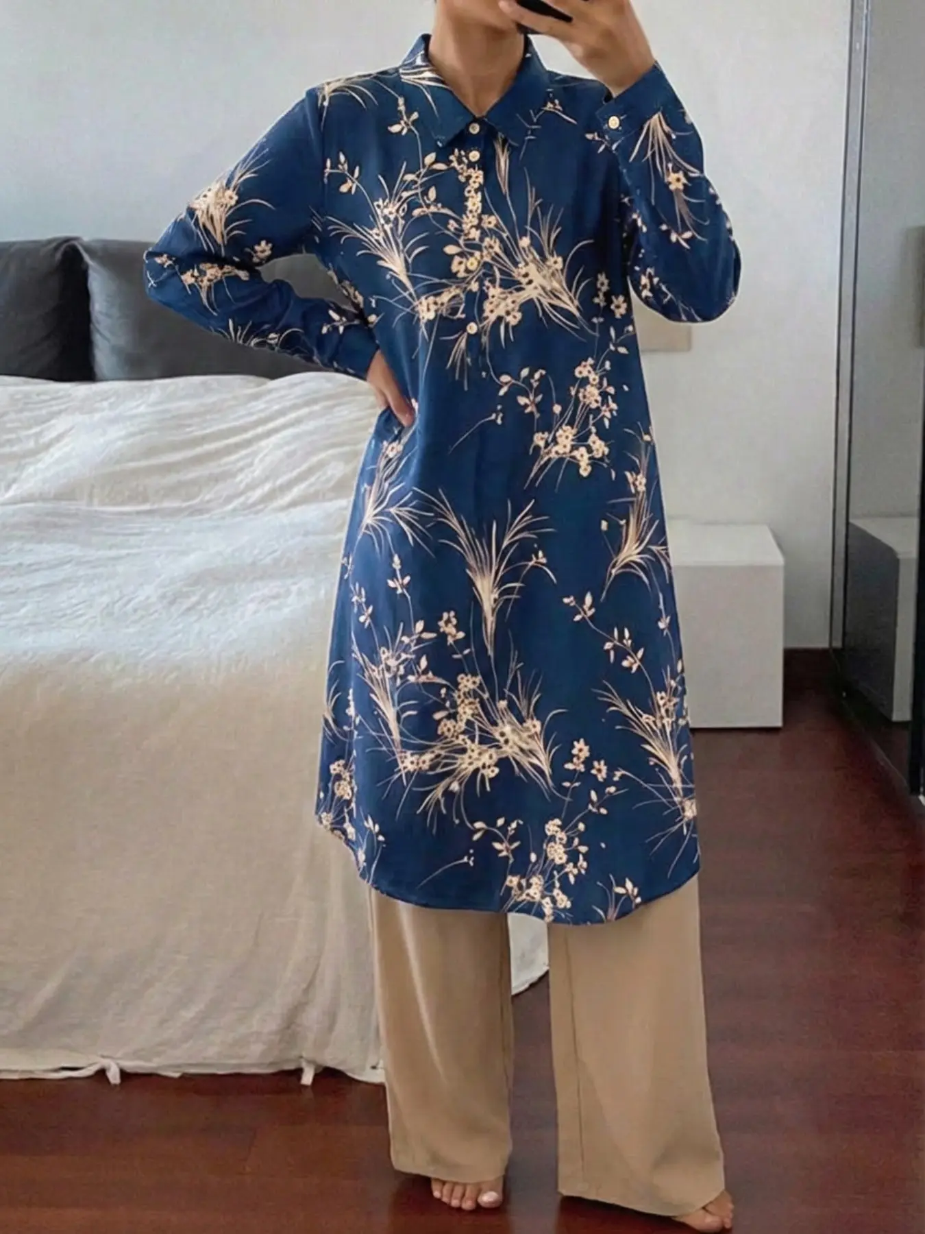 Women's Floral Print Button Front Longline Polo Shirt & Plain Loose Wide Leg Pants Two-piece Set, Casual Elegant Long Sleeve Top & Knot Front Trousers for Daily Wear, Ladies Two-piece Matching Outfits for All Seasons