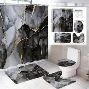 4pcs Luxury Marble-Patterned Bathroom Decor Set - Modern Fluid Ink Design Shower Curtain Sets with Charcoal Gray, Deep Black & Metallic Gold Accents, Matching Toilet Lid Cover, Elegant Bath Mats - Perfect for Upscale Holiday Transformations