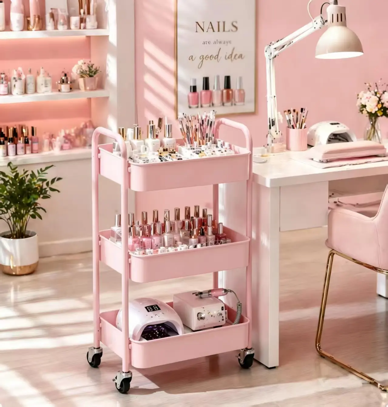 Pink 3-Tier Rolling Storage Cart – Versatile Organizer for Nail Tools, Craft Supplies, Kitchen Essentials & More – Compact, Mobile, Stylish & Functional!