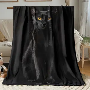 1pc Black Cat Throw Blanket - Soft Lightweight Flannel Sofa Bedspread with Elegant Black Cat Face, All-Season Cozy Blanket for Living Room, Camping, Travel - Modern Home Decor Gift for Cat Lovers (Dark Background), Cat Blanket, Contemporary Design