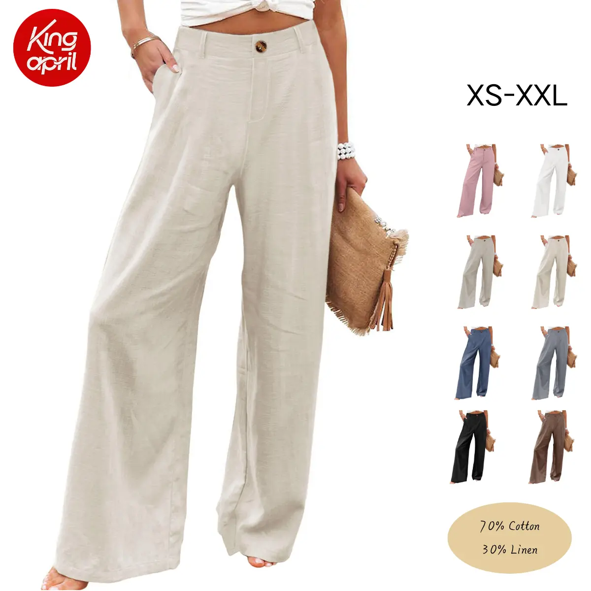 Kingapril Womens Cotton Linen Pants Casual Button Up High Waisted Wide Leg Trousers Womenswear Elastic Summervibes,back to school shopping