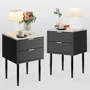 ANBUY Black Marble Nightstands Set of 2 with Gold Handle Striped Night Stand with Drawers End Side Table Faux Marble Top 2 Drawers End Table Metal Legs for Bedroom Living Room Bedside Cabinet