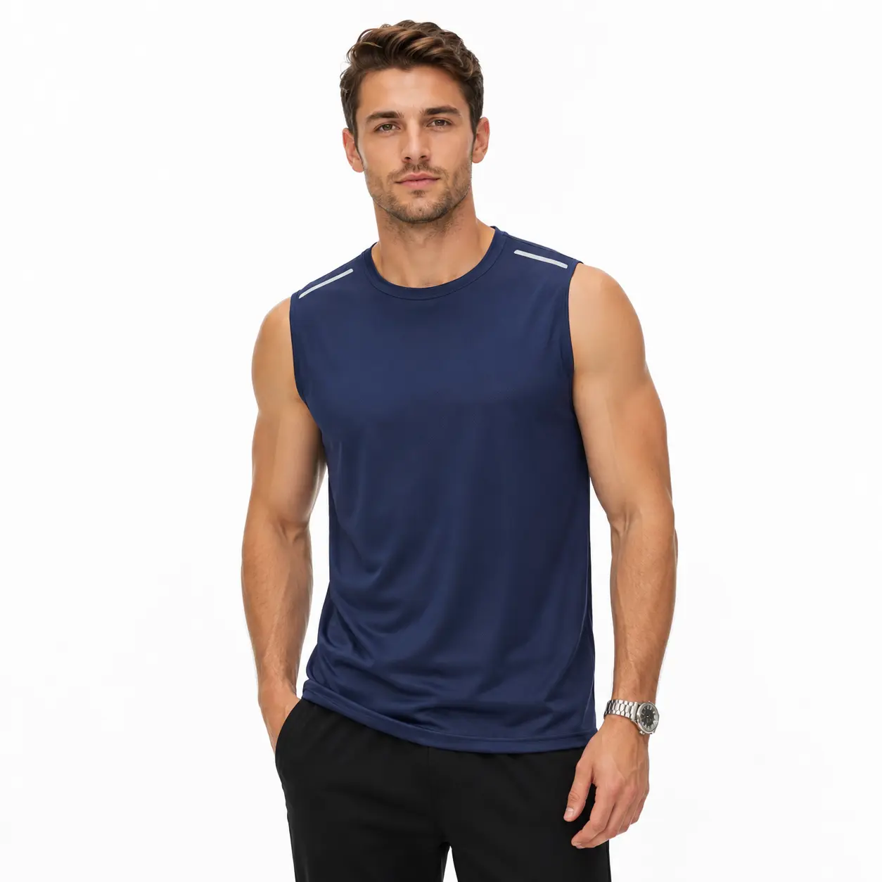 Men's Sweat-Wicking Polyester Sleeveless Scoop Neck Vest - Lightweight, Reflective Strips Training Tank Tops (S/M Sizes, 6 Solid Colors) for Outdoor Night Jogging, Wrinkle Resistant, Biking, Neutral, Boost Visibility, Cold Wash, Full Range Of Motion