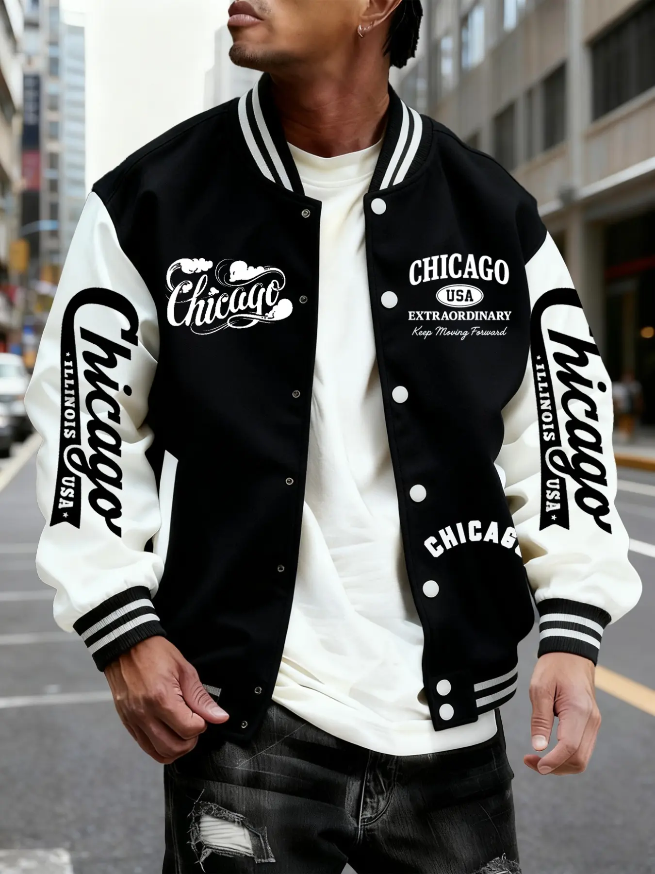 Men's Baseball Jacket, Chicago Style Geometric Pattern, Colorblock Sleeves, Button Closure, Stretchy Fabric, All Season Outerwear, Casual Fashion Jacket, Chicago Theme