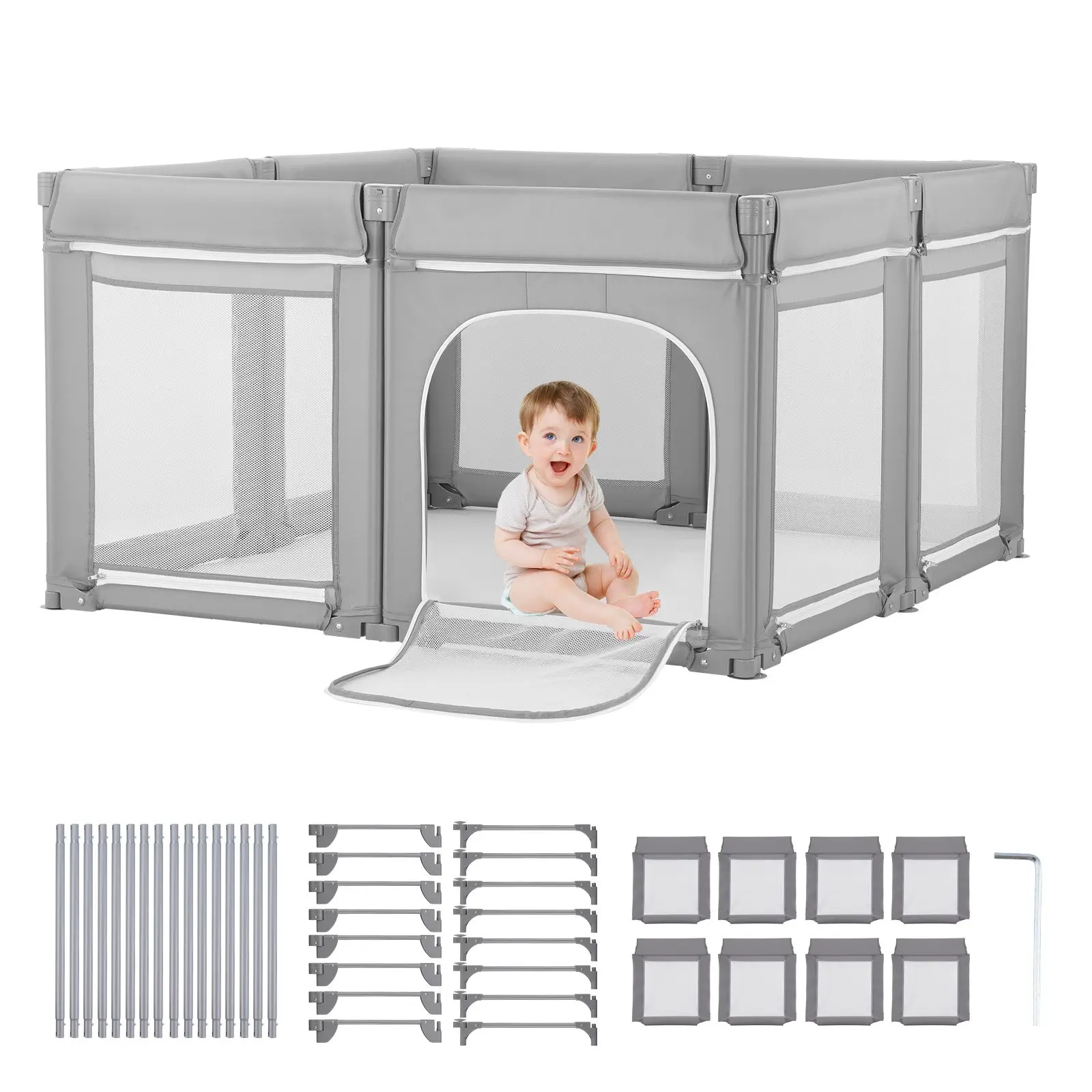 【toolupgrade】VEVOR Unisex Baby Playpen (Folding Type) - 78.7x70.1in Extra Large (5500+ Sq In Large Size) Portable Safety Activity Center, Zippered Door, Soft Breathable Mesh, Indoor-Outdoor Use, Gift for 0-3 Years Toddlers