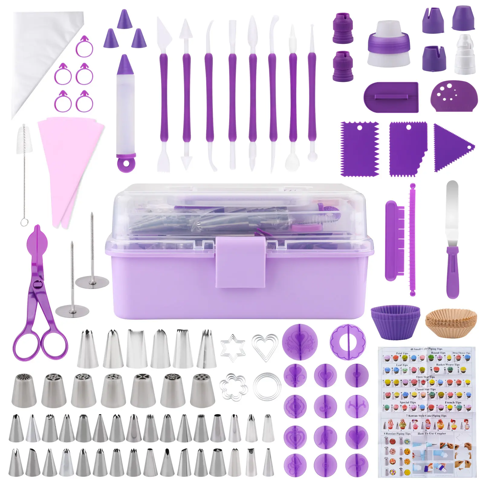 235-Piece Purple Plastic Cake Decorating Kit with Stainless Steel Tools, Storage Box, 100 Piping Bags, 48 Icing Tips, Scrapers, Spatulas - Floral & Smooth Cookie Baking Supplies, Gift for Beginners, Wedding/Birthday Party Tools