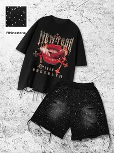 Men's Graphic Print Casual T-Shirt and Shorts Set, Rhinestone Decor and Ripped Details, Fashion Streetwear for All Seasons, Menswear