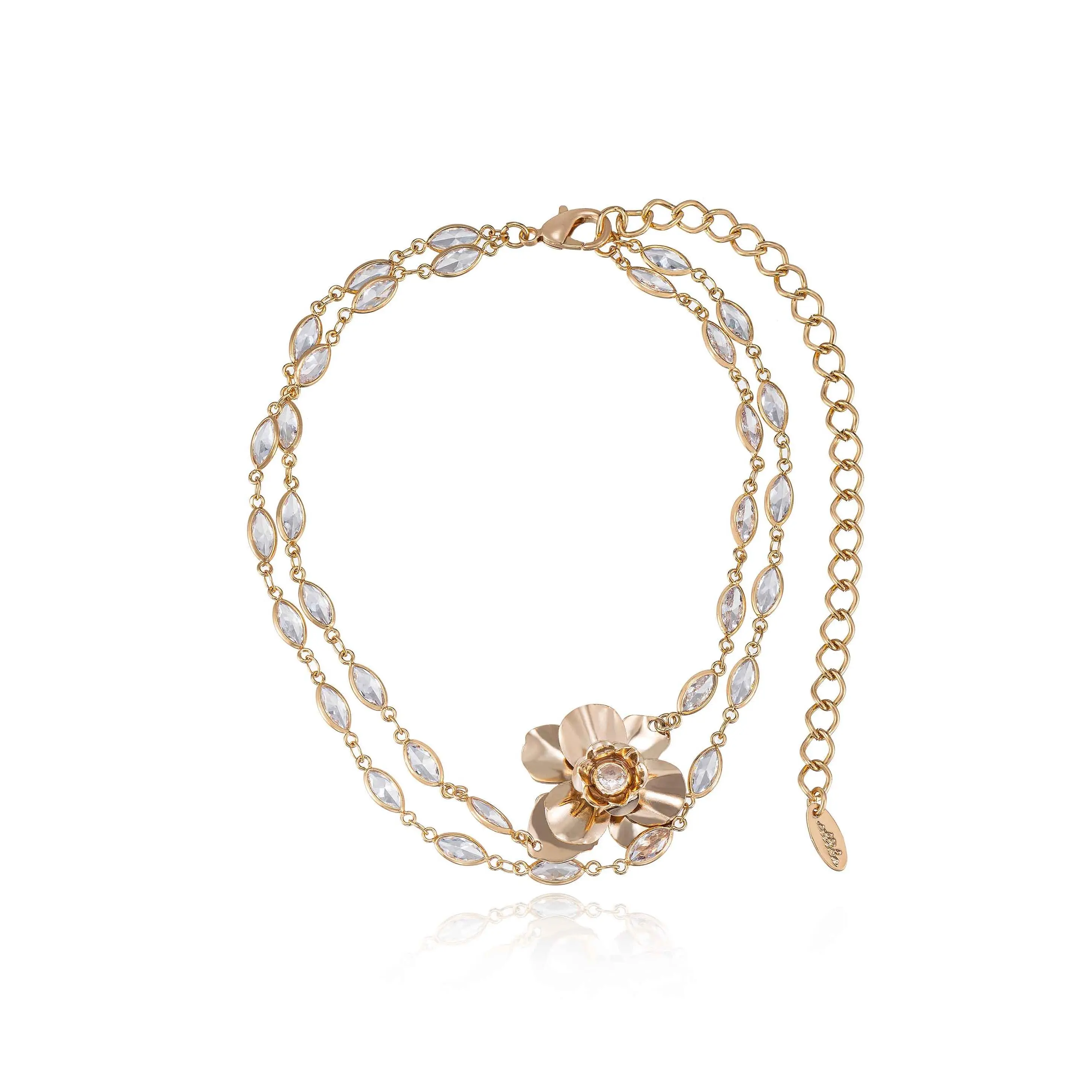 Ettika Bezel Crystal Layered Flower Necklace with Floral Design and Layered Beads 18k Gold Plated Adjustable Gold Choker for Adults 11" Length with 5" Extender Chain