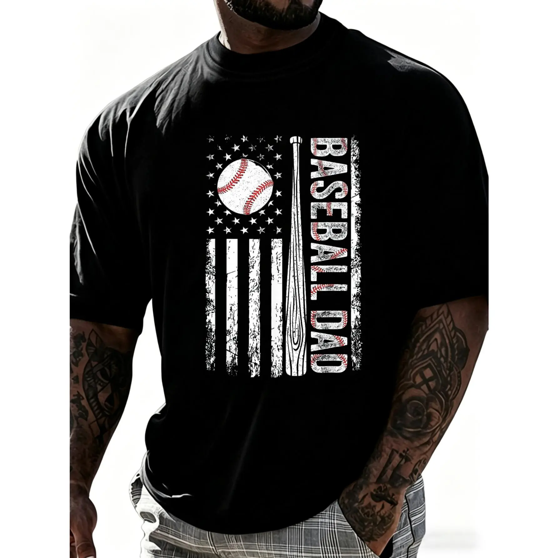 Menswear 100% Cotton Short-Sleeve Baseball Dad T-Shirt - Patriotic American Flag Prints, Father's Day USA-Themed Men's Top