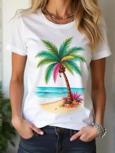 Women'S Tropical Palm Tree And Letter Print Oversized T-Shirt-Vibrant Turquoise And Pink Beach Design Breathable Short-Sleeved Round Neck for Summer, Casual And Party Wear Loose Fit All Seasons Comfortable Natural Elegant Style (Basic Style)-Women C