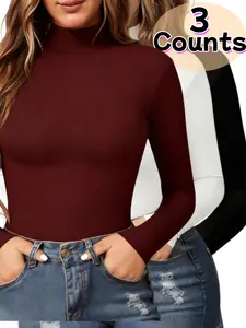 3 Counts Women's Long Sleeve Warm Basic Tops,Cute High Neck Loungewear Tops,Casual Tee,Breathable Shirt,High Elasticity Underwear,Solid Color Womenswear,Comfortable Thermal Basic Layer,Y2K Shapewear,Suitable For Fall & Winter Wear