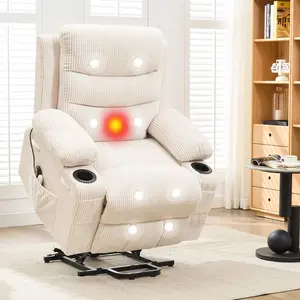 Power Lift Recliner Chair for Elderly,Oversized Electric Lift Chair with Heat and Massage,Corduroy Adjustable Recliner with Cup Holders & Side Pocket,135°Reclining Accent Chairs for Living Room, Beige