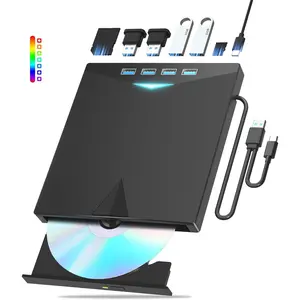External CD/DVD Drive for Laptops Desktop PC, 7 IN 1 LED Portable DVD Drive CD Burner CD-ROM DVD-/+RW Writer Reader with TF/SD Card Slots, USB 3.0 & Type C DVD Drive External Optical Drive Compatible with Mac, Windows 11/10/8/7, Linux (Black)