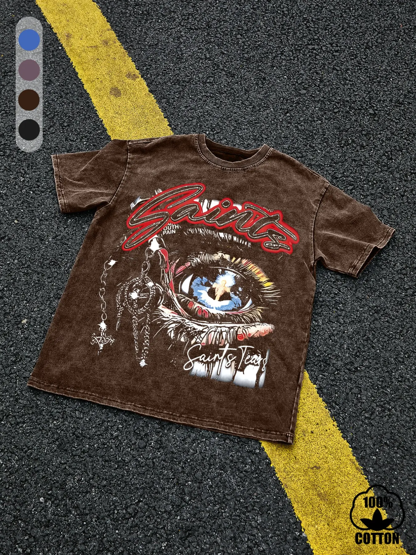 Men's 100% Cotton "Saint Tears" Graphic T-Shirt, Vintage-Wash Loose Fit Eye and Chain Design, Breathable Summer Casual Streetwear Top