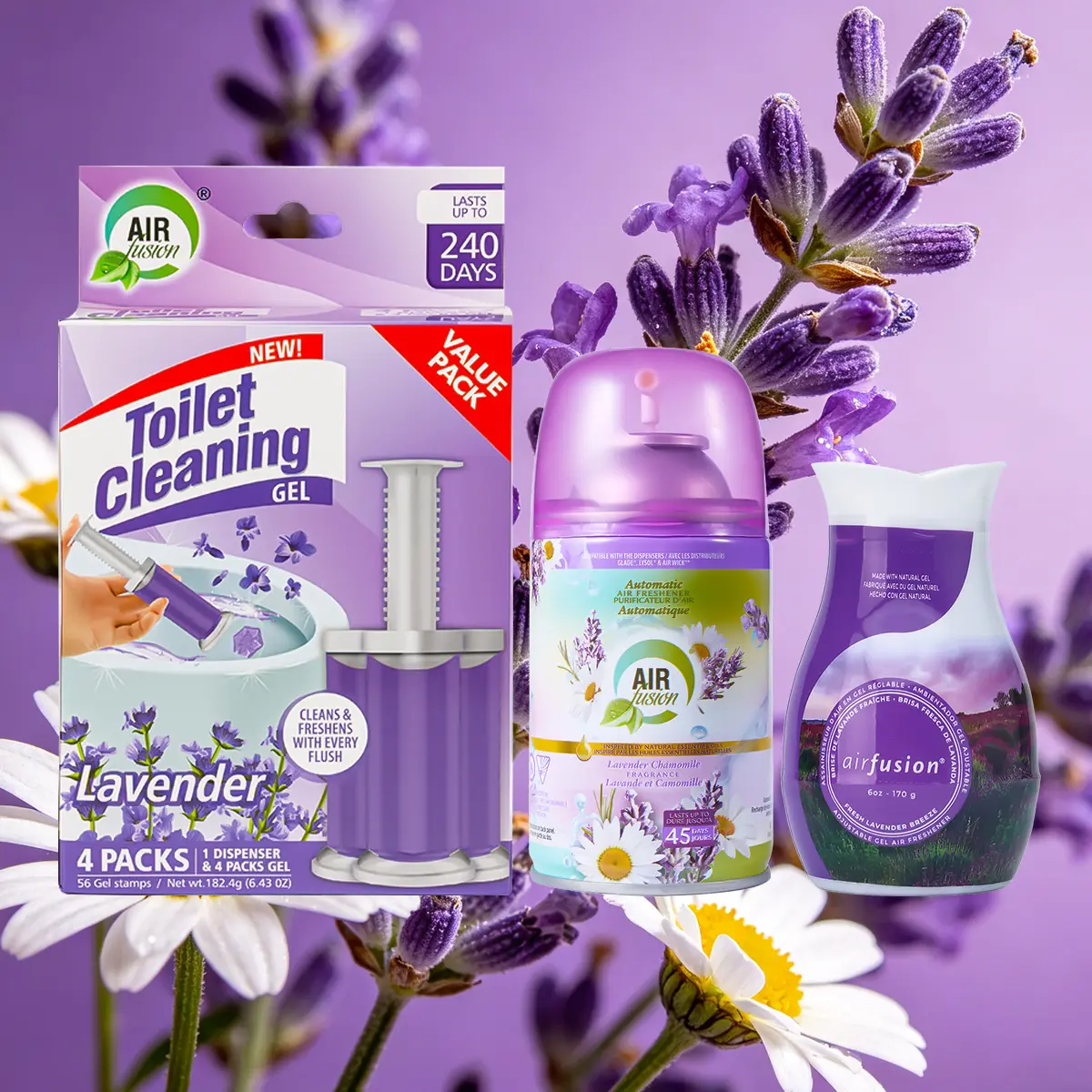 Air Fusion Purple Calm Lavender & Chamomile Multi-Function Bathroom Odor Eliminator 3-Piece Bundle - Compact To-Go Spray, Twist Gel, Toilet Gel Stamp - Long Lasting, Maintains Freshness - Save 18%, Three Pieces