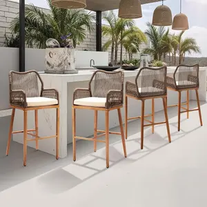 Outdoor Bar Stools Set of 2, Heavy-Duty Outdoor Barstools Boho Woven Patio Bar Stools with Backrest, Patio Garden Balcony Pool Bar Chairs with Cushions (Brown)