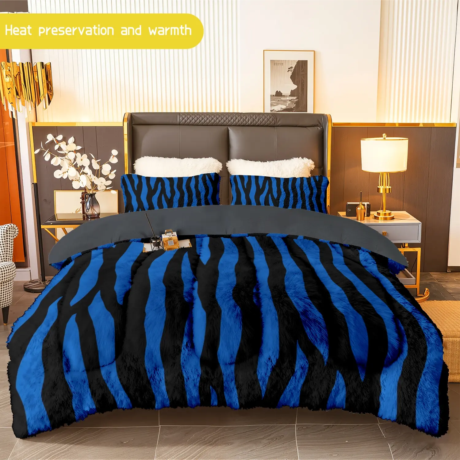 3pcs (1 comforter + 2 pillowcases) Blue Black Zebra Print Flannel & Milk Velvet Comforter Set, Soft Warm Cozy Bedding Set for Adults, Trendy Bedding Essentials