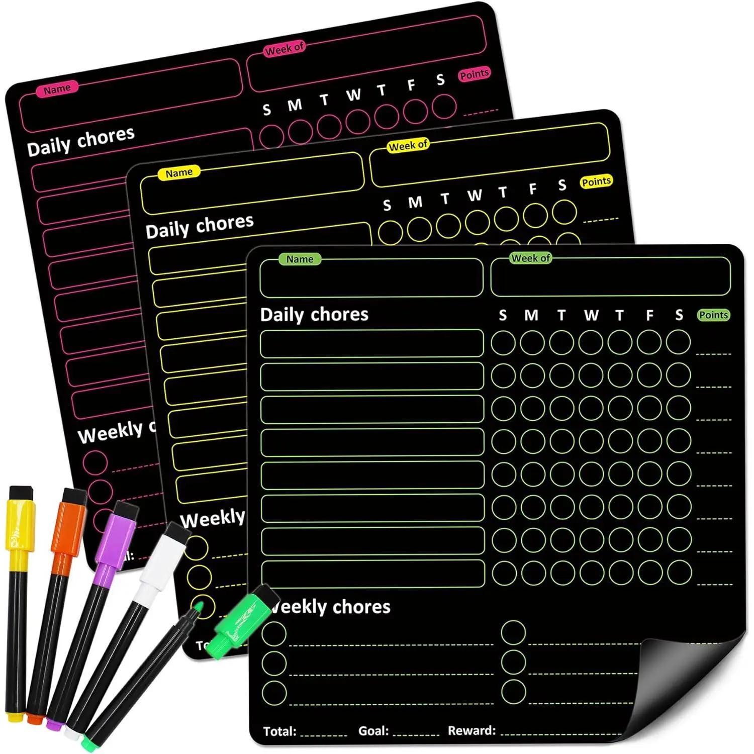 3-Pack Family Undated Weekly Chore Planning Boards - Teen-Focused Sturdy Dry Erase White Boards with Nano Erase Film, Easy-to-Clean Daily Routine Organisers, Fits Refrigerators (Office Stationery)