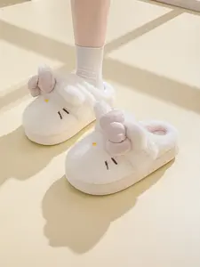 Women's Cute Cartoon Embroidery Bow Decor Plush Slippers, Casual Soft Comfortable Home Slippers, Thick Sole Warm Slippers for Indoor & Outdoor Use for Fall & Winter Footwear