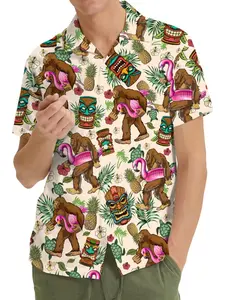 Sasquatch Tropical Floral Cuban Collar Blouse, Short Sleeve Button Front Shirt, Casual Slim-Fit Beachwear, Unique Summer Vacation Top, Art Print Shirt, Casual Beach Shirts