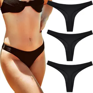 KUKU PANDA Women's Black Comfort Cotton Thong Set for Workout Daily Dress Invisible Panties Lines