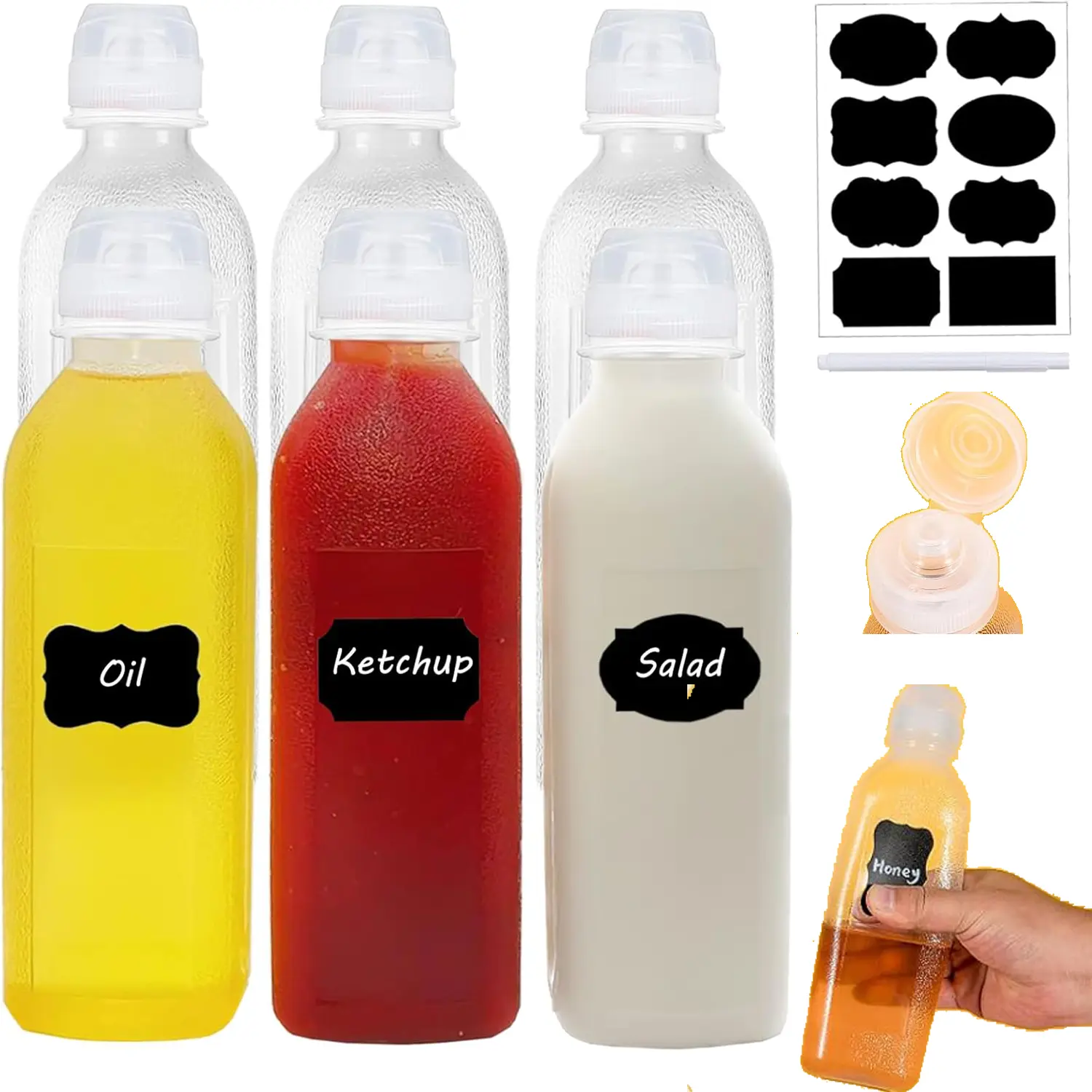 8Pcs Condiment Squeeze Bottles,Refillable Condiment Containers Ketchup Squeeze Bottles with Labels and Markers,16 oz Squirt Dressing Container Condiment,for Liquids,Oil