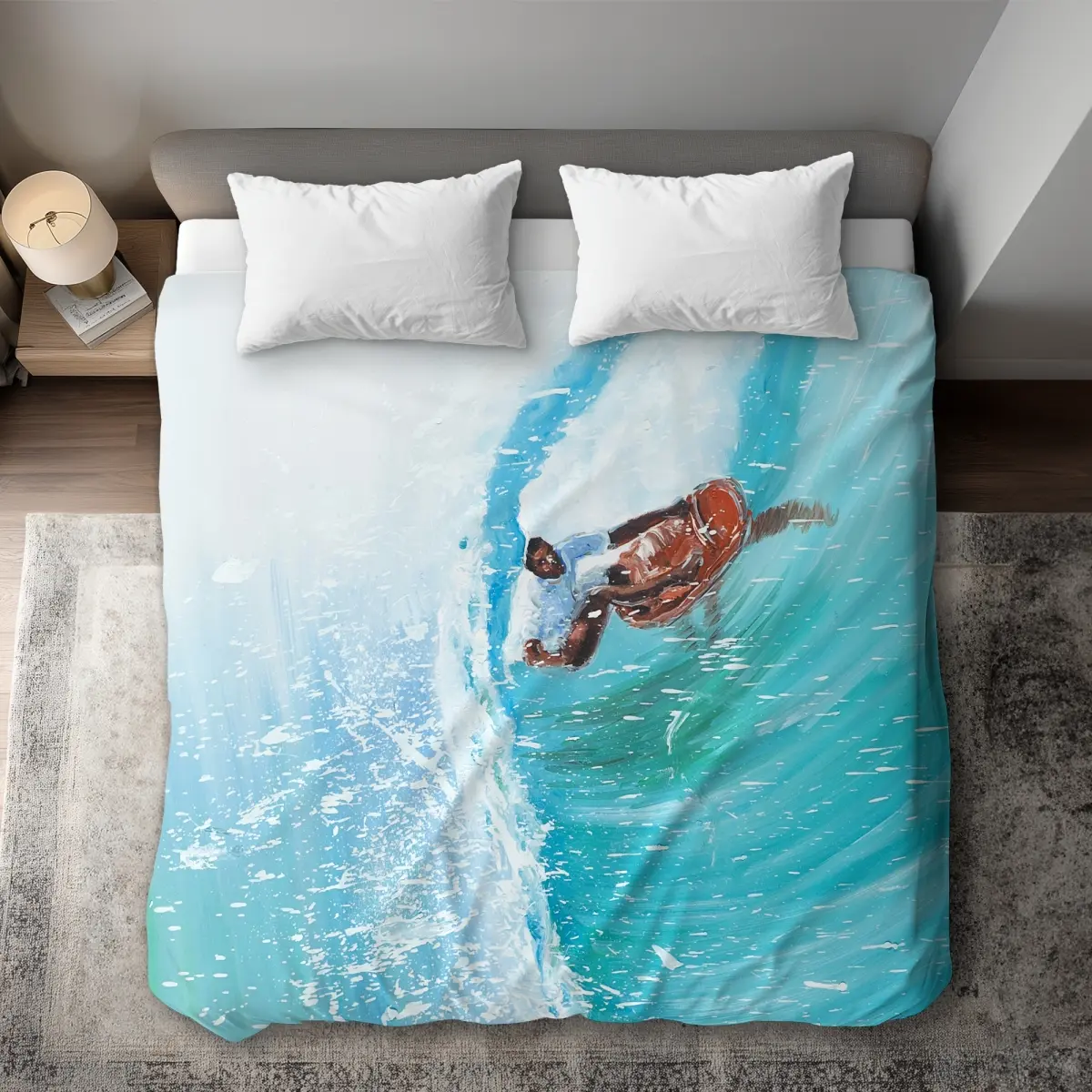 360 stand King Size Duvet Cover Bed Comforter Set - Contemporary Beach Vibe Microfiber Bedding, Surfer Wave Scene Design, Sea Turquoise, for King Size Beds, Ocean Themed Bedrooms, Bed Sheets