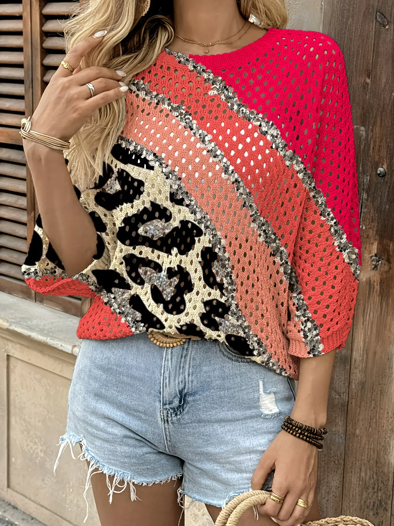 Spring/Summer, round neck hollowed-out bat-sleeved blouse, leopard print ladies knit top with gold trim, holiday style, leisure, Casual Tops, casual commuting, Casual Fashion Wear, ladies vest blouse, Womenswear