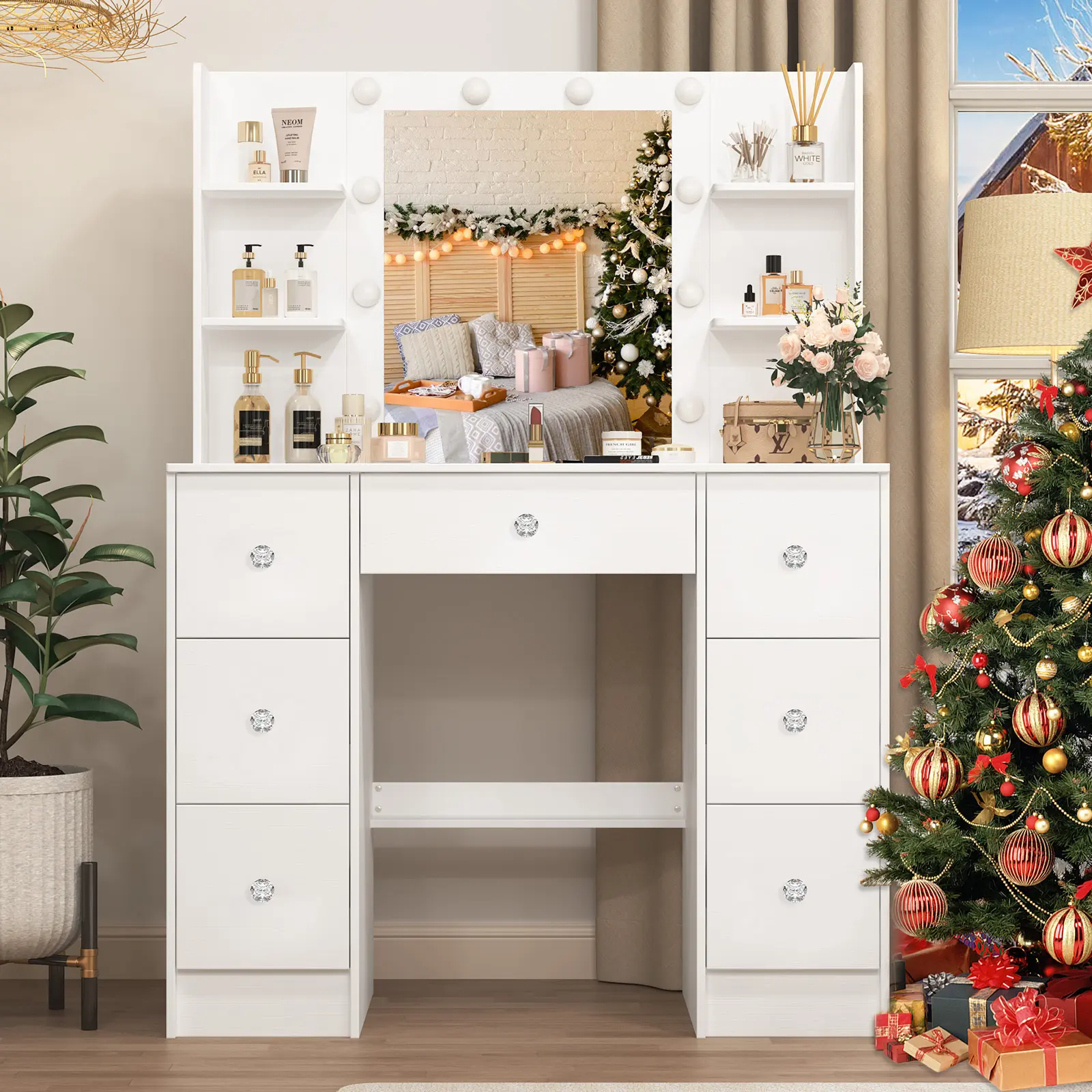 White Vanity Desk with Adjustable Mirror and LED Lights,Makeup Vanity with Open Shelves,Dressing Table Set with 7 Drawers,3 Lighting Colors,Large Size 55.1 inch High Gloss Dresser