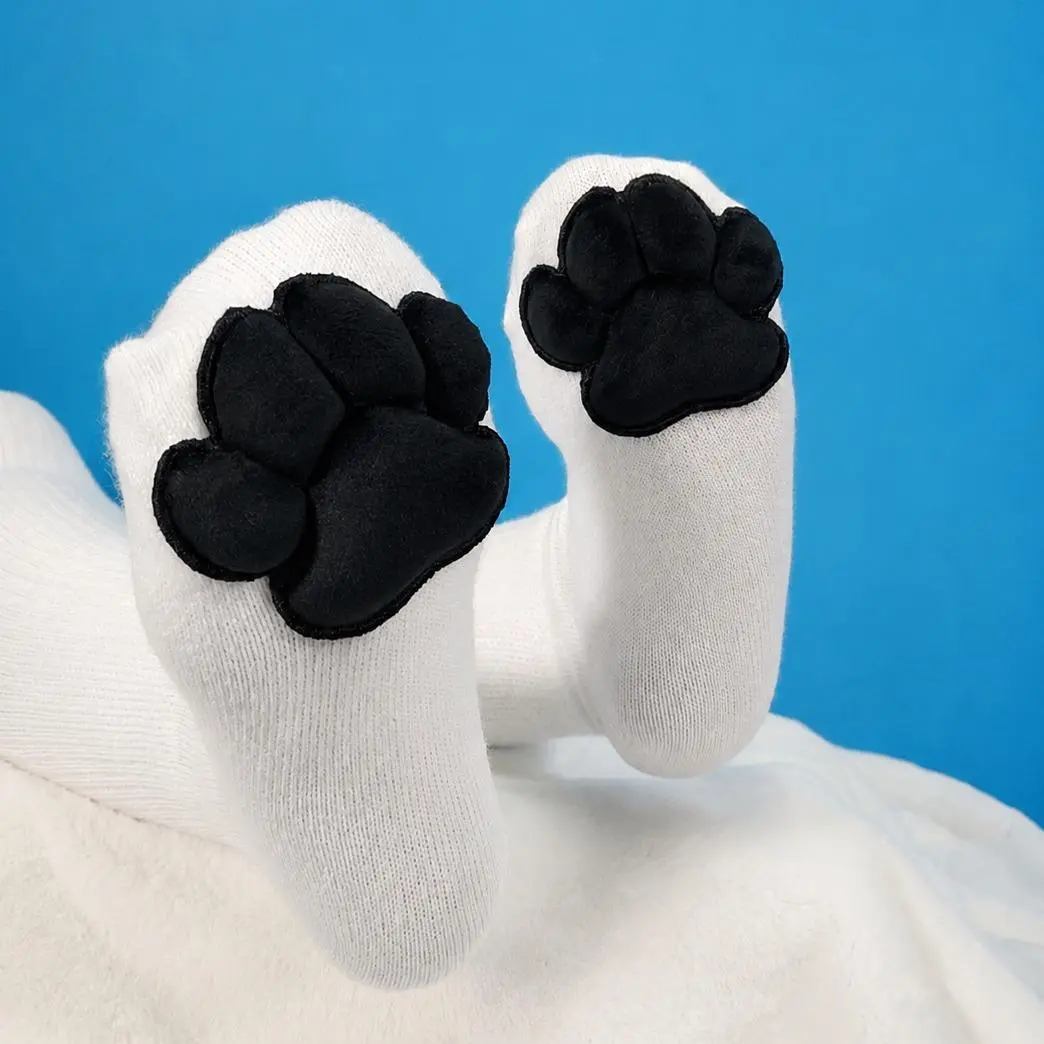 Mochi Stuffed Puffy Black Cat Paw Pad Beans on White Thigh High Stockings