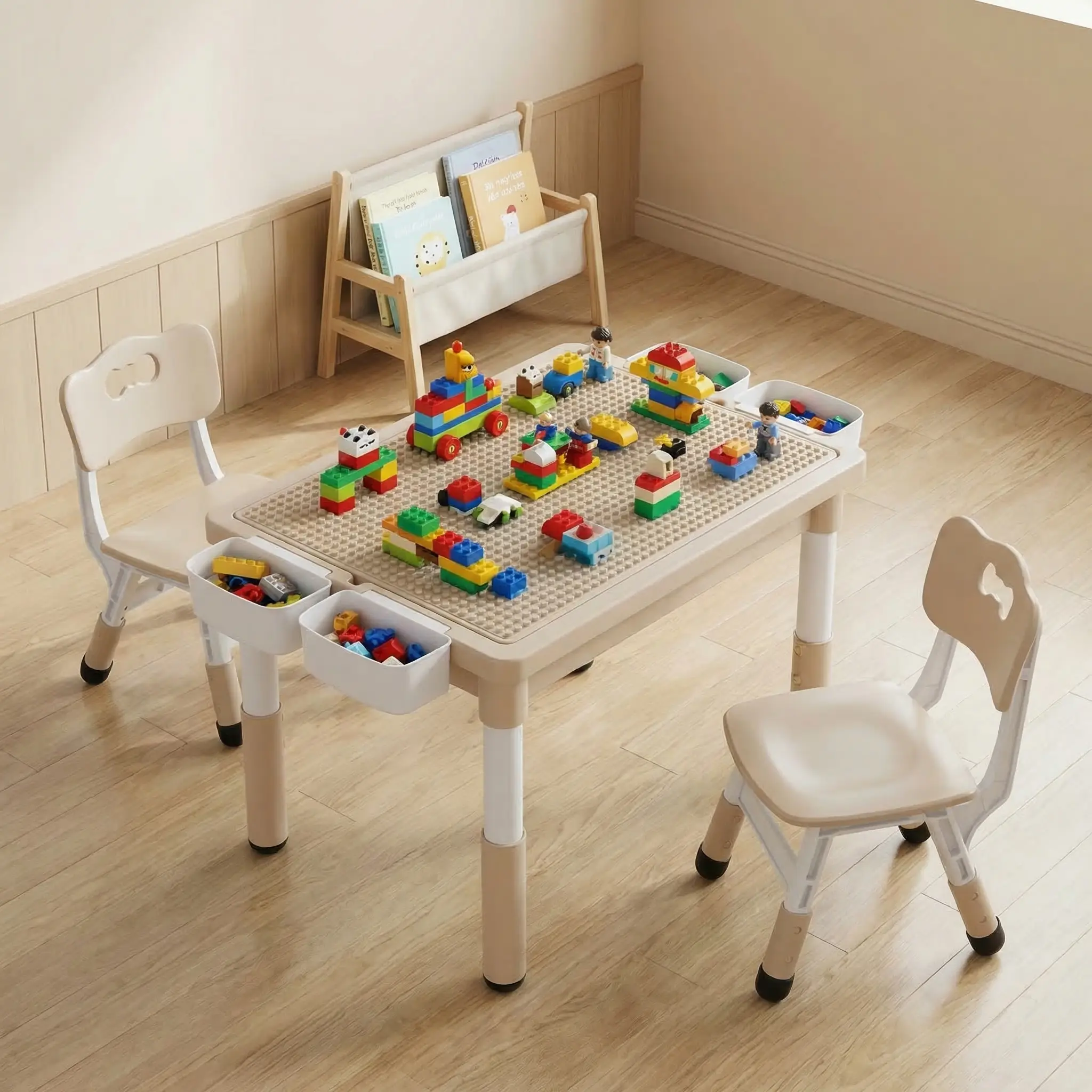 MAMIZO Kids craft Table and Chairs Set, 4-in-1 Height Adjustable Toddler Activity Table with 4 Bins, Building Blocks Tabletop, Large Reversible Graffiti & Sensory Art Desk for Preschool Classroom room makover mesa montessori vanity【tiktokshopsummersale】