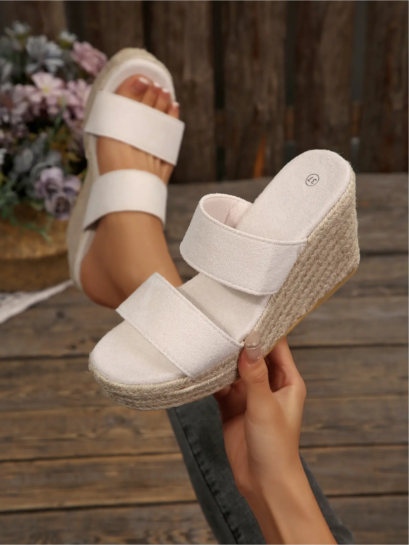 New large-size women's two-strap round-toe wedge sandals with jute soles, stylish, simple, comfortable for daily commuting, thick-soled wedge sandals, Strappy Platform, Bohemian style sandals, Bohemian Trending Sandals, Footwear