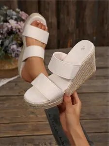 New large-size women's two-strap round-toe wedge sandals with jute soles, stylish, simple, comfortable for daily commuting, thick-soled wedge sandals, Strappy Platform, Bohemian Trending Sandals, Footwear