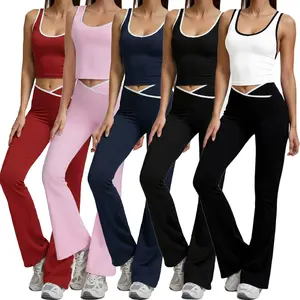 Women's Workout Yoga Set - Colorblock Contrast Binding Crop Tank Top & Flare Leg Pants Tracksuit, Sleeveless, All Seasons, Comfortable Fit, Crossover V-Cut Pants & Shorts, Breathable Activewear, Sporty Style