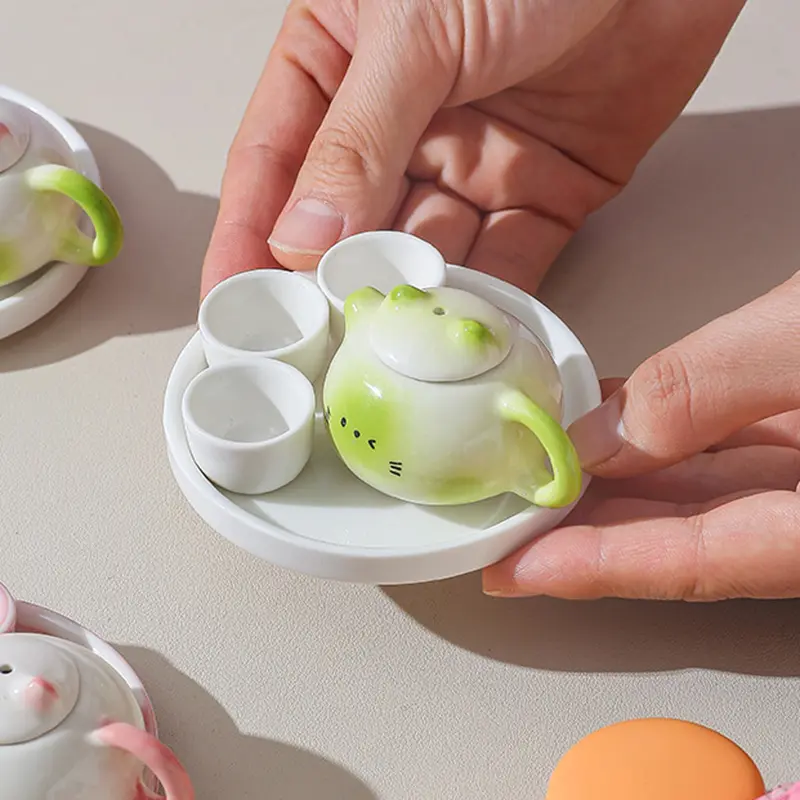1:2 Scale Small Size Functional Ceramic Gongfu Tea Set - Mini Cat Ear Teapot & Cups, Heat-Resistant for Actual Brewing, Collectible for Collecting
